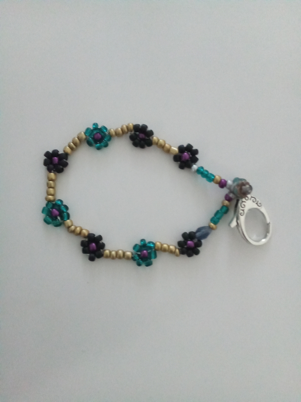 Teal & Black Beaded Flower Bracelet with Gold Accents